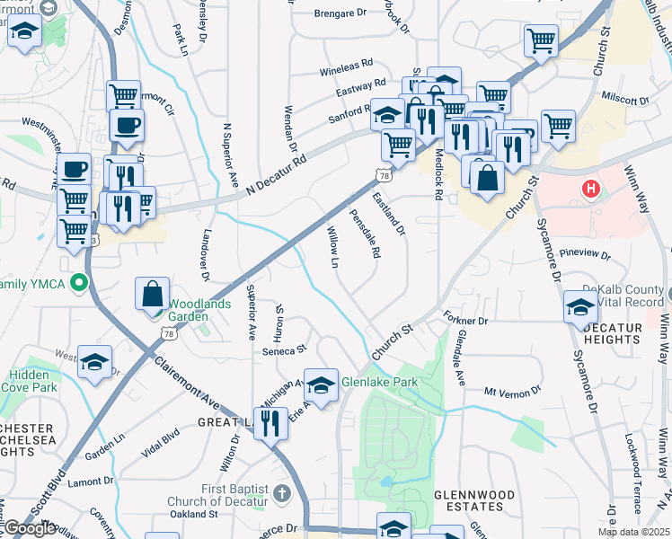 map of restaurants, bars, coffee shops, grocery stores, and more near Willow Lane in Decatur