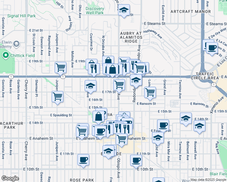 map of restaurants, bars, coffee shops, grocery stores, and more near 1702 Freeman Avenue in Long Beach