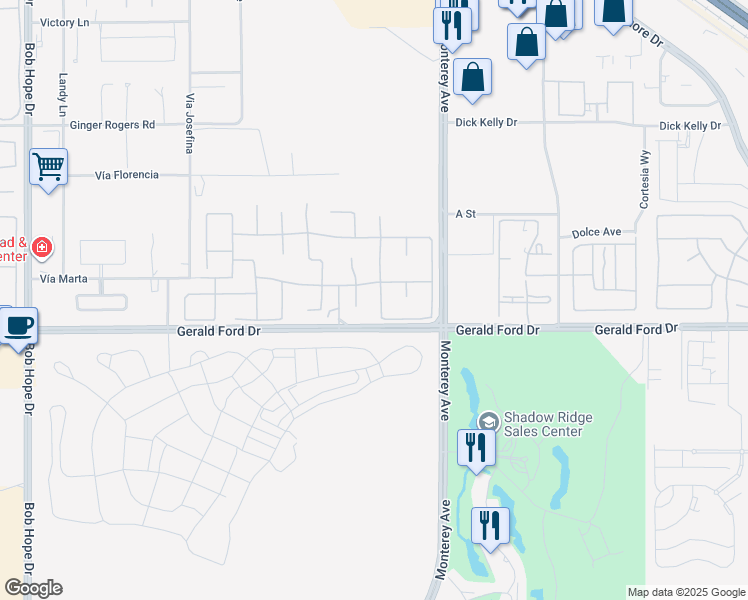 map of restaurants, bars, coffee shops, grocery stores, and more near 1 Orleans Road in Rancho Mirage