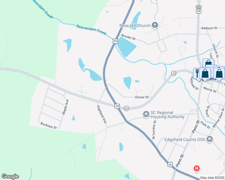 map of restaurants, bars, coffee shops, grocery stores, and more near 701-747 Bauskett Street in Edgefield