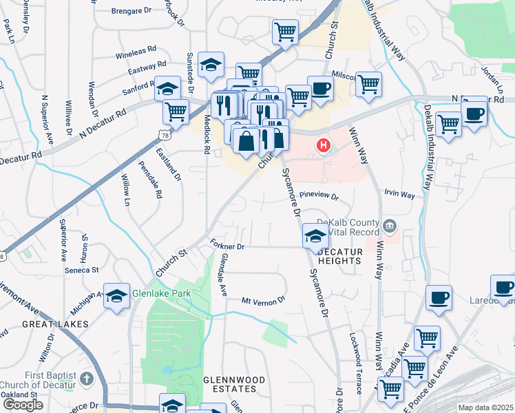 map of restaurants, bars, coffee shops, grocery stores, and more near 2505 Pineview Drive in Decatur