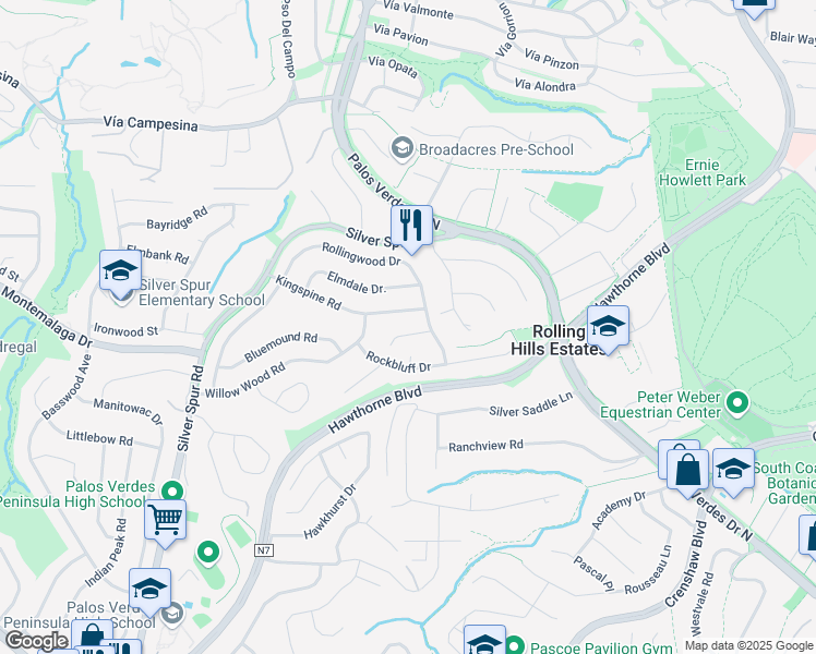 map of restaurants, bars, coffee shops, grocery stores, and more near 5 Brokenbow Lane in Rolling Hills Estates