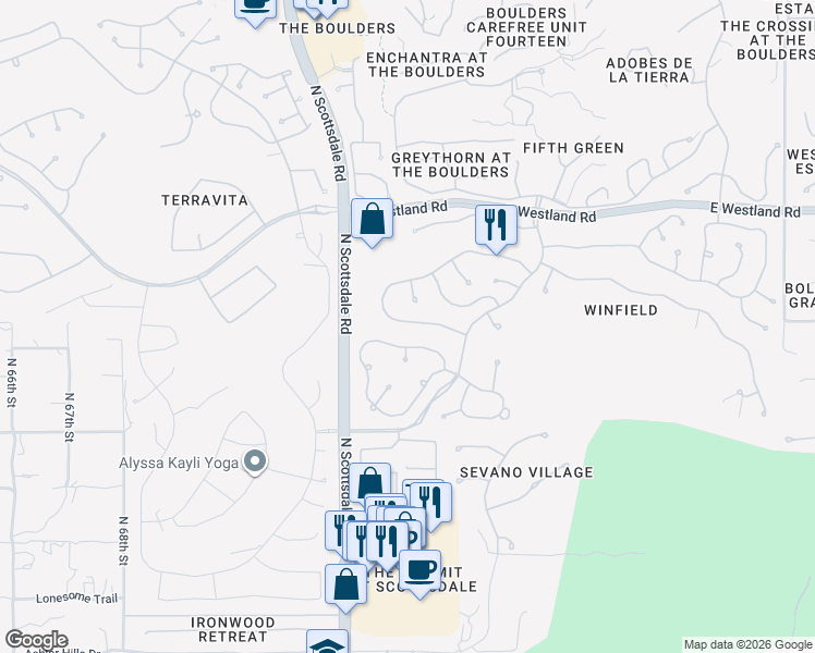 map of restaurants, bars, coffee shops, grocery stores, and more near 7277 East Crimson Sky Trail in Scottsdale