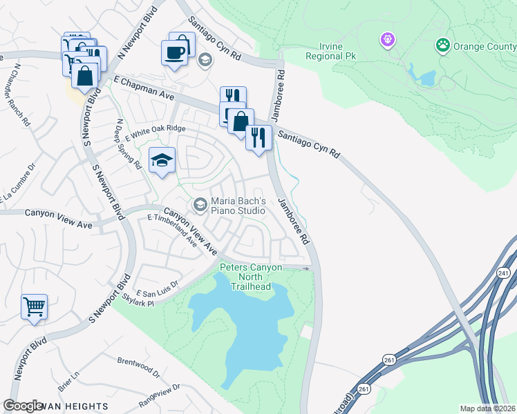map of restaurants, bars, coffee shops, grocery stores, and more near 8525 East Biscayne Way in Orange