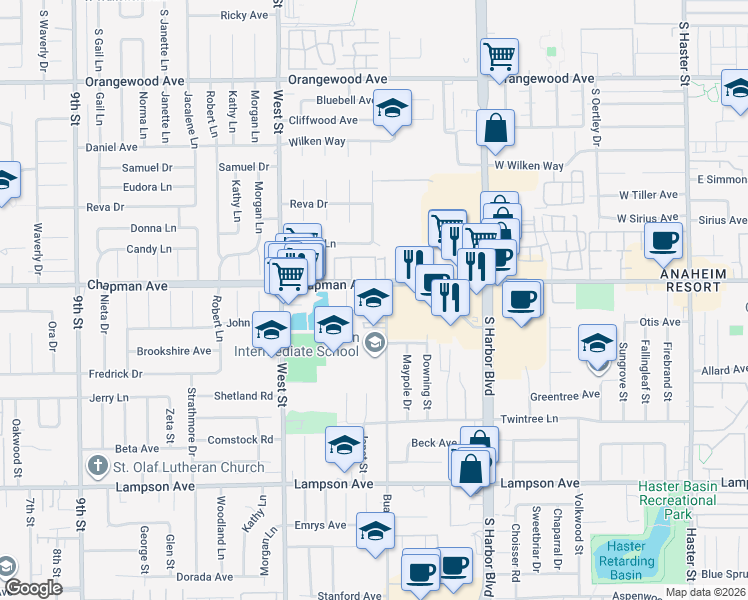 map of restaurants, bars, coffee shops, grocery stores, and more near 12085 Buaro Street in Garden Grove