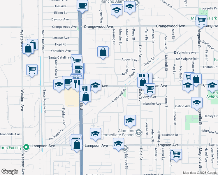 map of restaurants, bars, coffee shops, grocery stores, and more near 8300 Chapman Avenue in Stanton