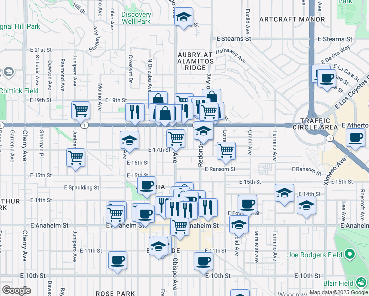 map of restaurants, bars, coffee shops, grocery stores, and more near 3244 East Wilton Street in Long Beach