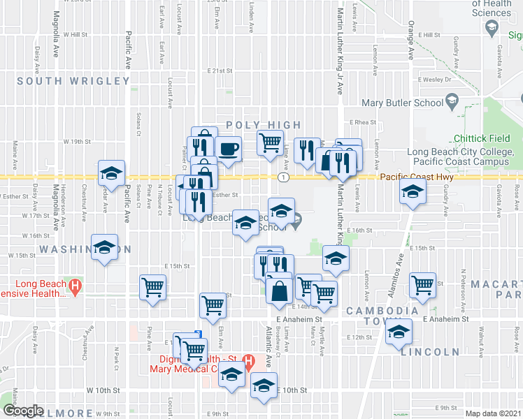 map of restaurants, bars, coffee shops, grocery stores, and more near 1619 Atlantic Avenue in Long Beach