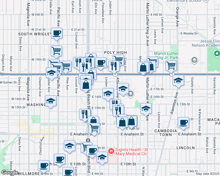 map of restaurants, bars, coffee shops, grocery stores, and more near 1610 Linden Avenue in Long Beach