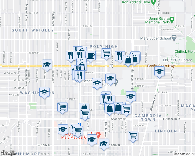 map of restaurants, bars, coffee shops, grocery stores, and more near 1610 Linden Avenue in Long Beach