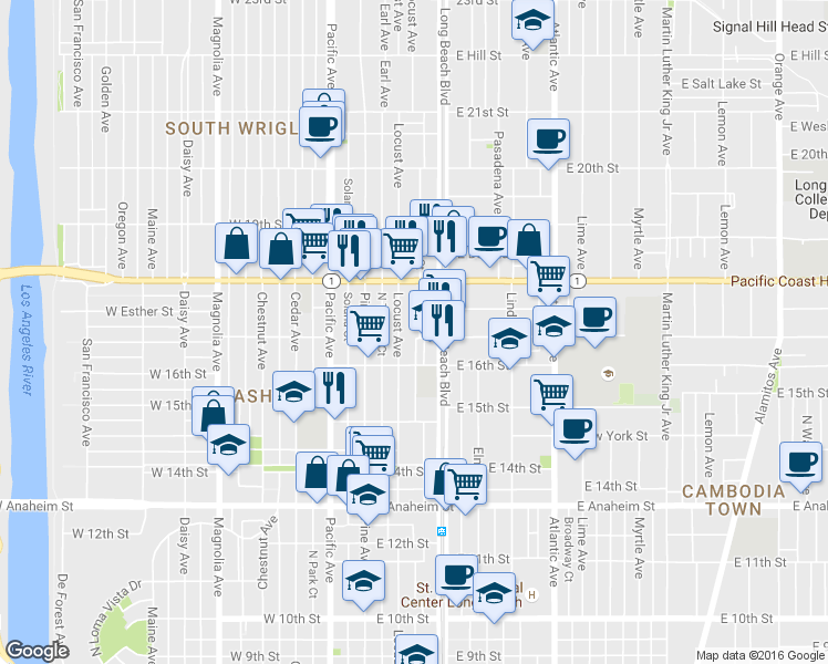 map of restaurants, bars, coffee shops, grocery stores, and more near 1604 Locust Avenue in Long Beach