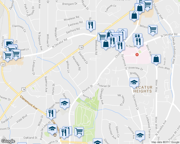 map of restaurants, bars, coffee shops, grocery stores, and more near 437 Eastland Drive in Decatur