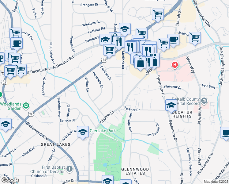 map of restaurants, bars, coffee shops, grocery stores, and more near 437 Eastland Drive in Decatur