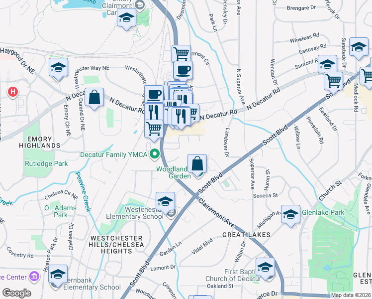 map of restaurants, bars, coffee shops, grocery stores, and more near 1211 Clairmont Road in Decatur
