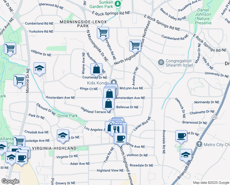 map of restaurants, bars, coffee shops, grocery stores, and more near 1196 North Highland Avenue Northeast in Atlanta
