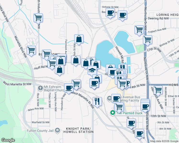 map of restaurants, bars, coffee shops, grocery stores, and more near 876 Earnest Street Northwest in Atlanta