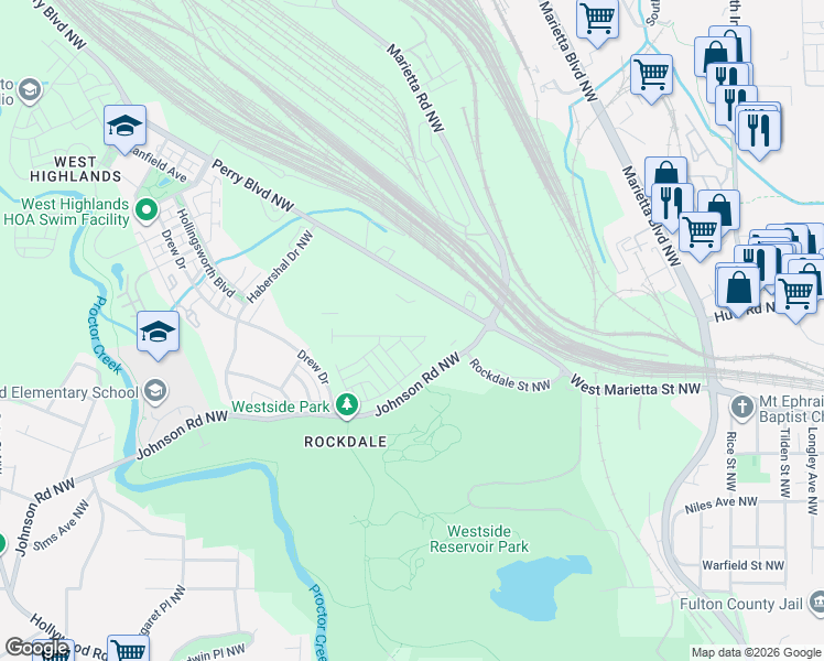 map of restaurants, bars, coffee shops, grocery stores, and more near 1101-1199 Johnson Road Northwest in Atlanta