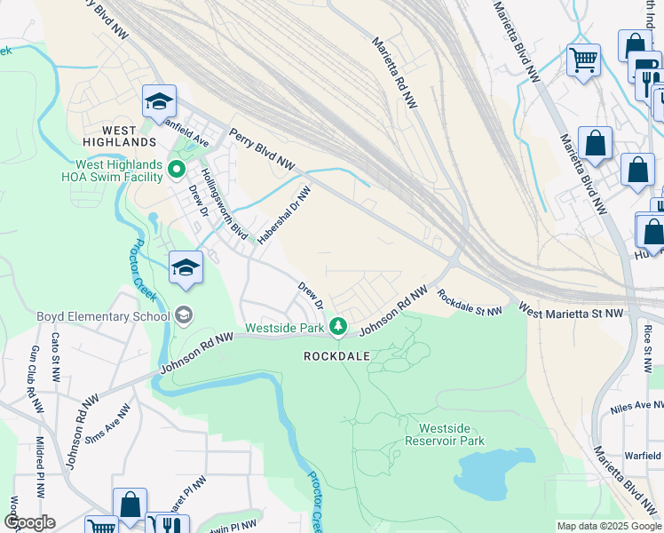 map of restaurants, bars, coffee shops, grocery stores, and more near 1507 Albert Lane Northwest in Atlanta