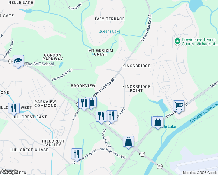 map of restaurants, bars, coffee shops, grocery stores, and more near 549 Cardell Circle Southeast in Mableton