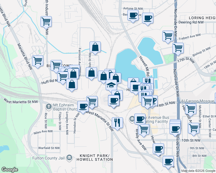 map of restaurants, bars, coffee shops, grocery stores, and more near 876 Earnest Street Northwest in Atlanta
