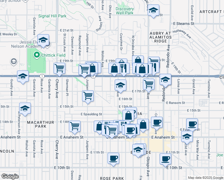 map of restaurants, bars, coffee shops, grocery stores, and more near 2701 East 17th Street in Long Beach