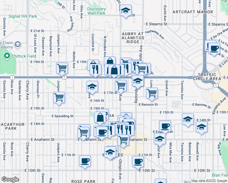 map of restaurants, bars, coffee shops, grocery stores, and more near 1702 Freeman Avenue in Long Beach