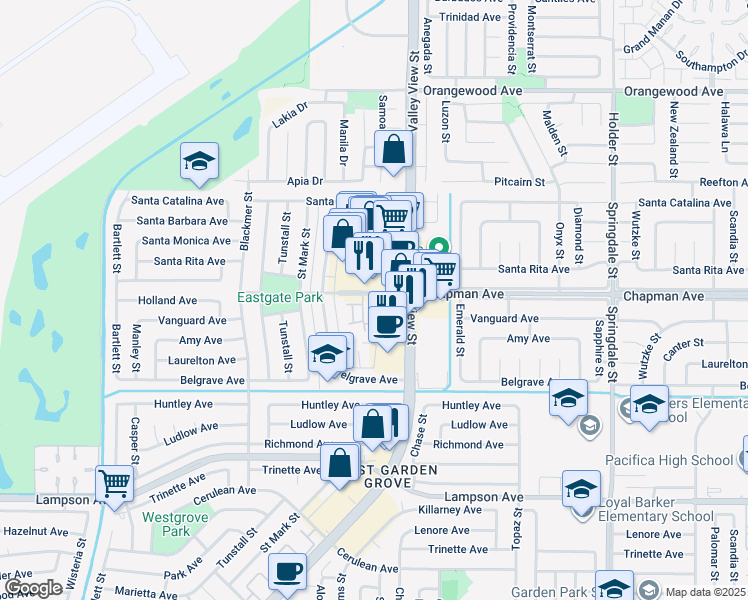 map of restaurants, bars, coffee shops, grocery stores, and more near 5900 Chapman Avenue in Garden Grove