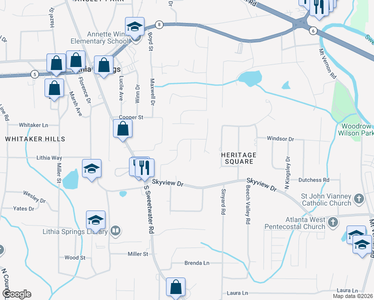 map of restaurants, bars, coffee shops, grocery stores, and more near 1621 Sky Crest Drive in Lithia Springs