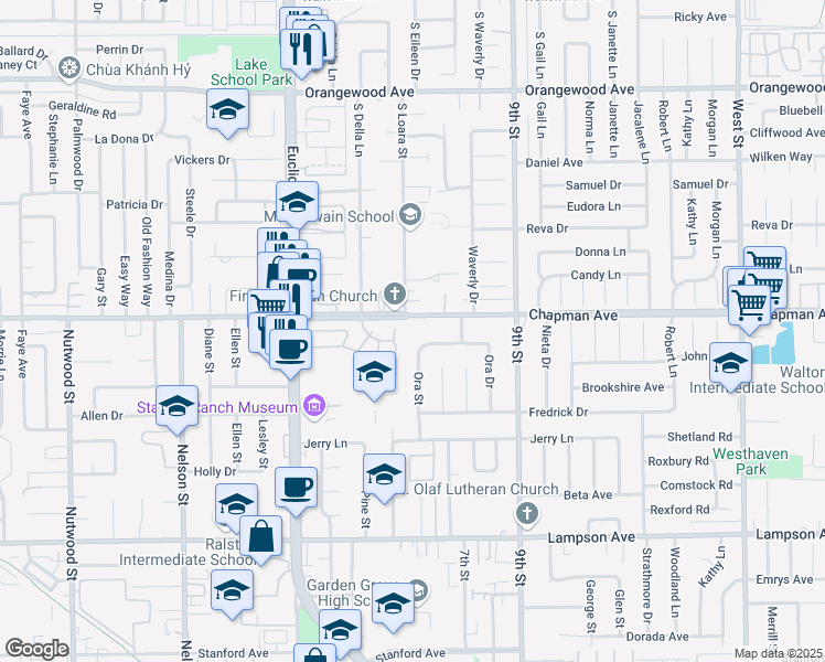 map of restaurants, bars, coffee shops, grocery stores, and more near 11252 Chapman Avenue in Garden Grove