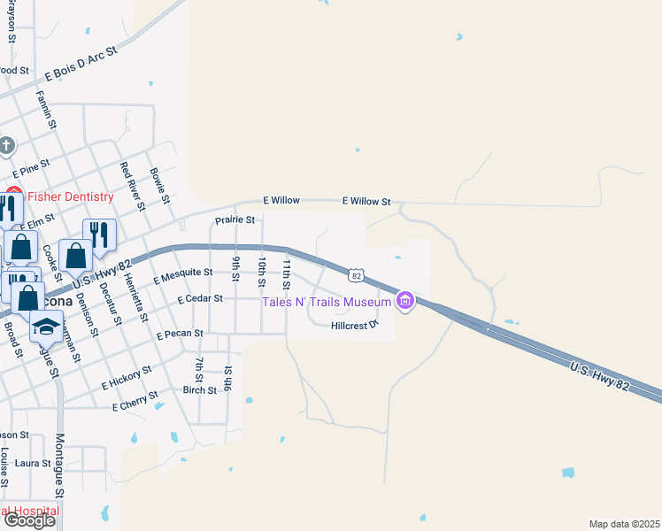map of restaurants, bars, coffee shops, grocery stores, and more near 1211 U.S. 82 in Nocona
