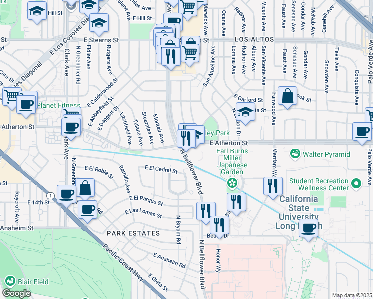 map of restaurants, bars, coffee shops, grocery stores, and more near 1720 North Bellflower Boulevard in Long Beach