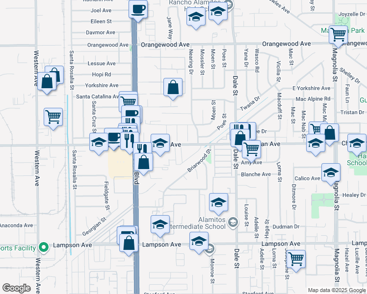 map of restaurants, bars, coffee shops, grocery stores, and more near 8300 Chapman Avenue in Stanton