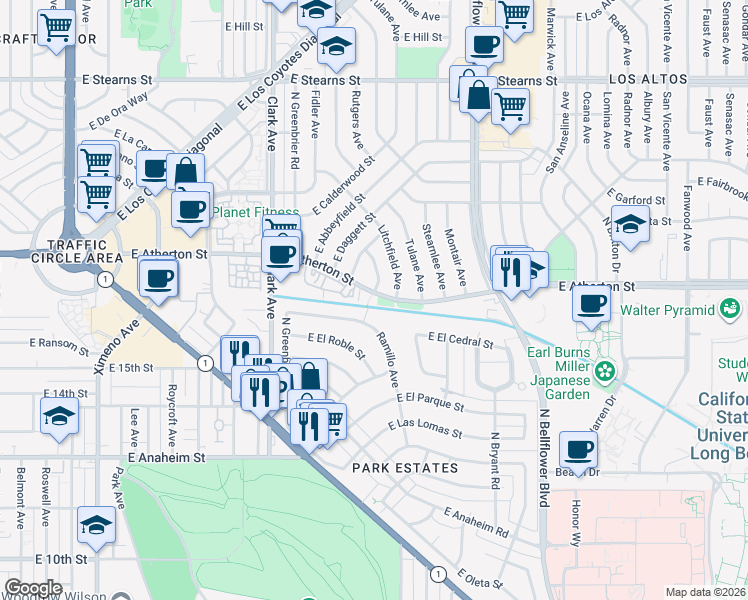 map of restaurants, bars, coffee shops, grocery stores, and more near 5300 East Atherton Street in Long Beach