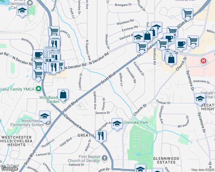 map of restaurants, bars, coffee shops, grocery stores, and more near Parkside Circle in Decatur