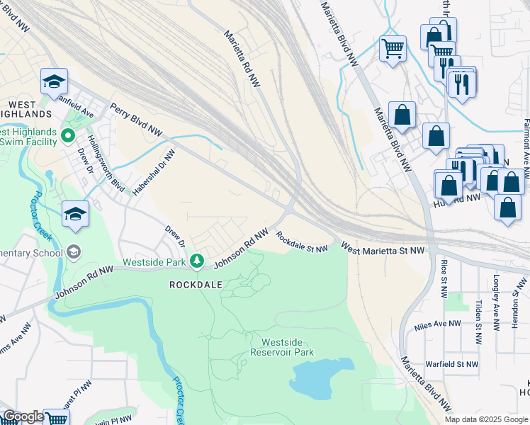 map of restaurants, bars, coffee shops, grocery stores, and more near 1559 Johnson Road Northwest in Atlanta