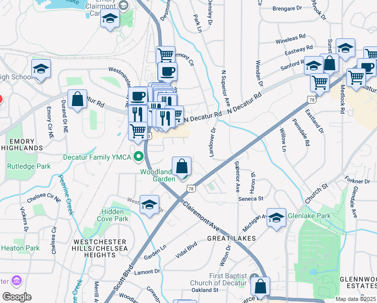 map of restaurants, bars, coffee shops, grocery stores, and more near 1111 Clairemont Avenue in Decatur