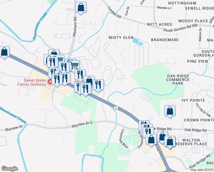 map of restaurants, bars, coffee shops, grocery stores, and more near 3899 Waterford Club Drive in Lithia Springs