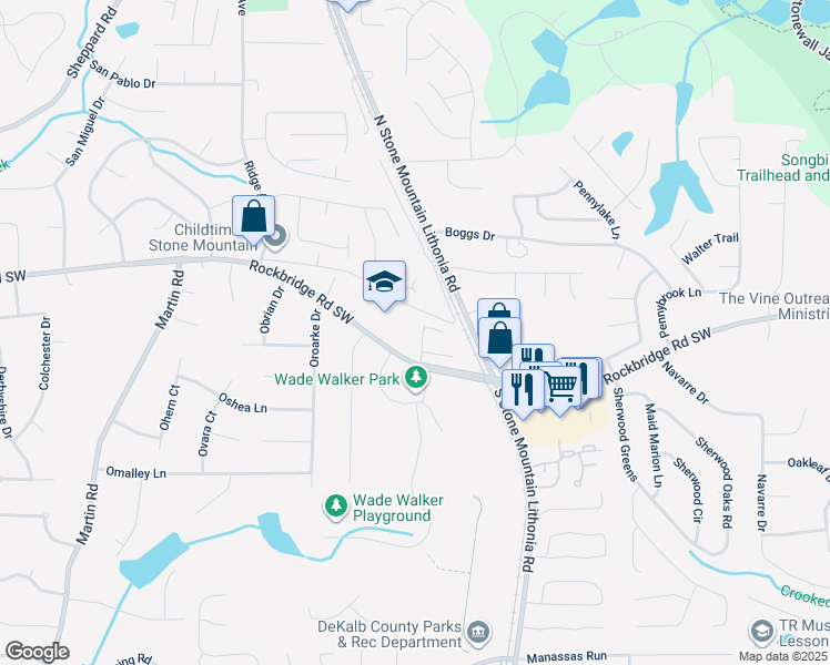 map of restaurants, bars, coffee shops, grocery stores, and more near 433 Orchard Drive in Stone Mountain