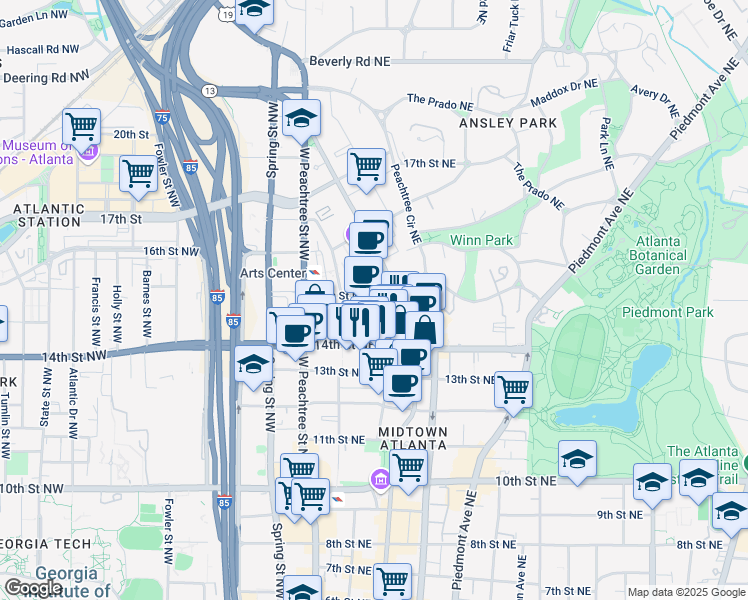map of restaurants, bars, coffee shops, grocery stores, and more near in Atlanta
