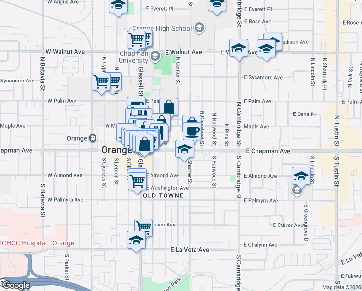 map of restaurants, bars, coffee shops, grocery stores, and more near 407 East Chapman Avenue in Orange