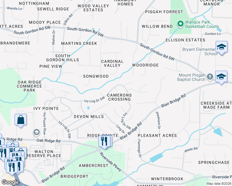 map of restaurants, bars, coffee shops, grocery stores, and more near 1307 Ivy Log Court in Austell