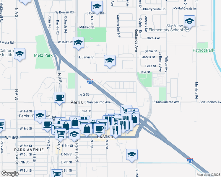 map of restaurants, bars, coffee shops, grocery stores, and more near 350 East San Jacinto Avenue in Perris