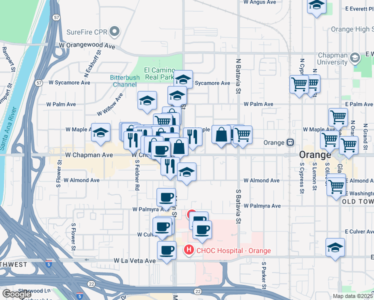 map of restaurants, bars, coffee shops, grocery stores, and more near 1407 North Main Street in Orange