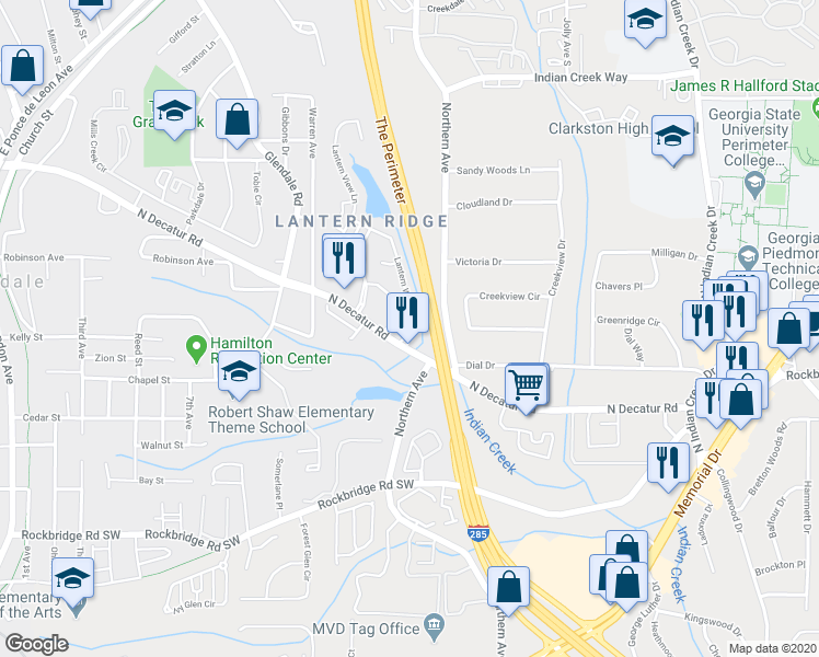 map of restaurants, bars, coffee shops, grocery stores, and more near 445 Lantern Wood Drive in Scottdale