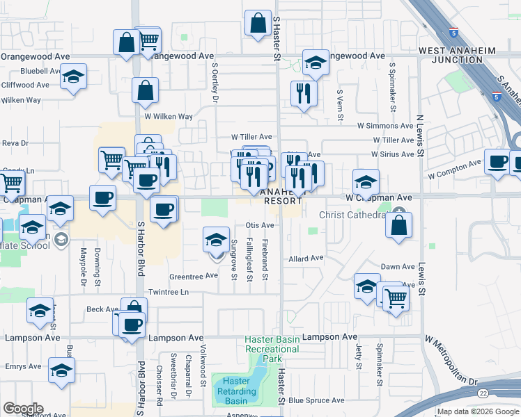 map of restaurants, bars, coffee shops, grocery stores, and more near 12931 Chapman Avenue in Garden Grove
