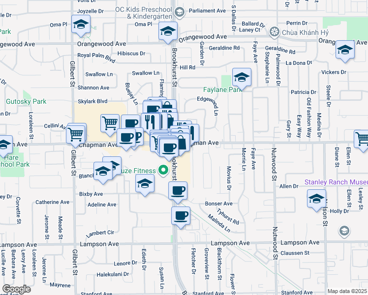 map of restaurants, bars, coffee shops, grocery stores, and more near in Garden Grove