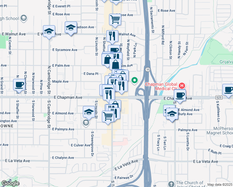 map of restaurants, bars, coffee shops, grocery stores, and more near 179 North Tustin Street in Orange