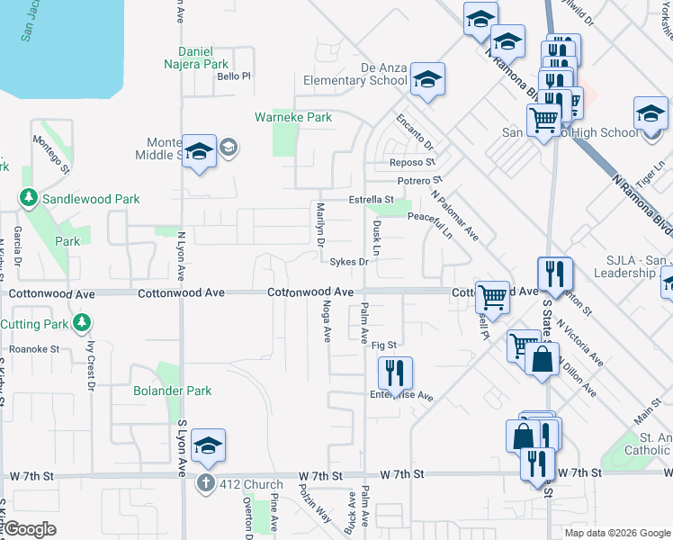 map of restaurants, bars, coffee shops, grocery stores, and more near 1166 Sykes Drive in San Jacinto