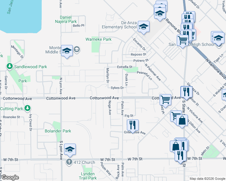 map of restaurants, bars, coffee shops, grocery stores, and more near 1175 Sykes Drive in San Jacinto