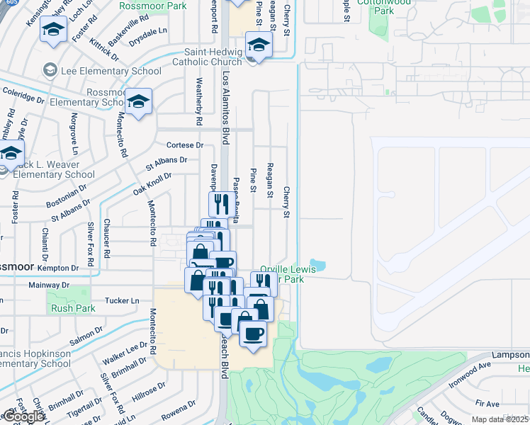 map of restaurants, bars, coffee shops, grocery stores, and more near 12021 Reagan Street in Los Alamitos